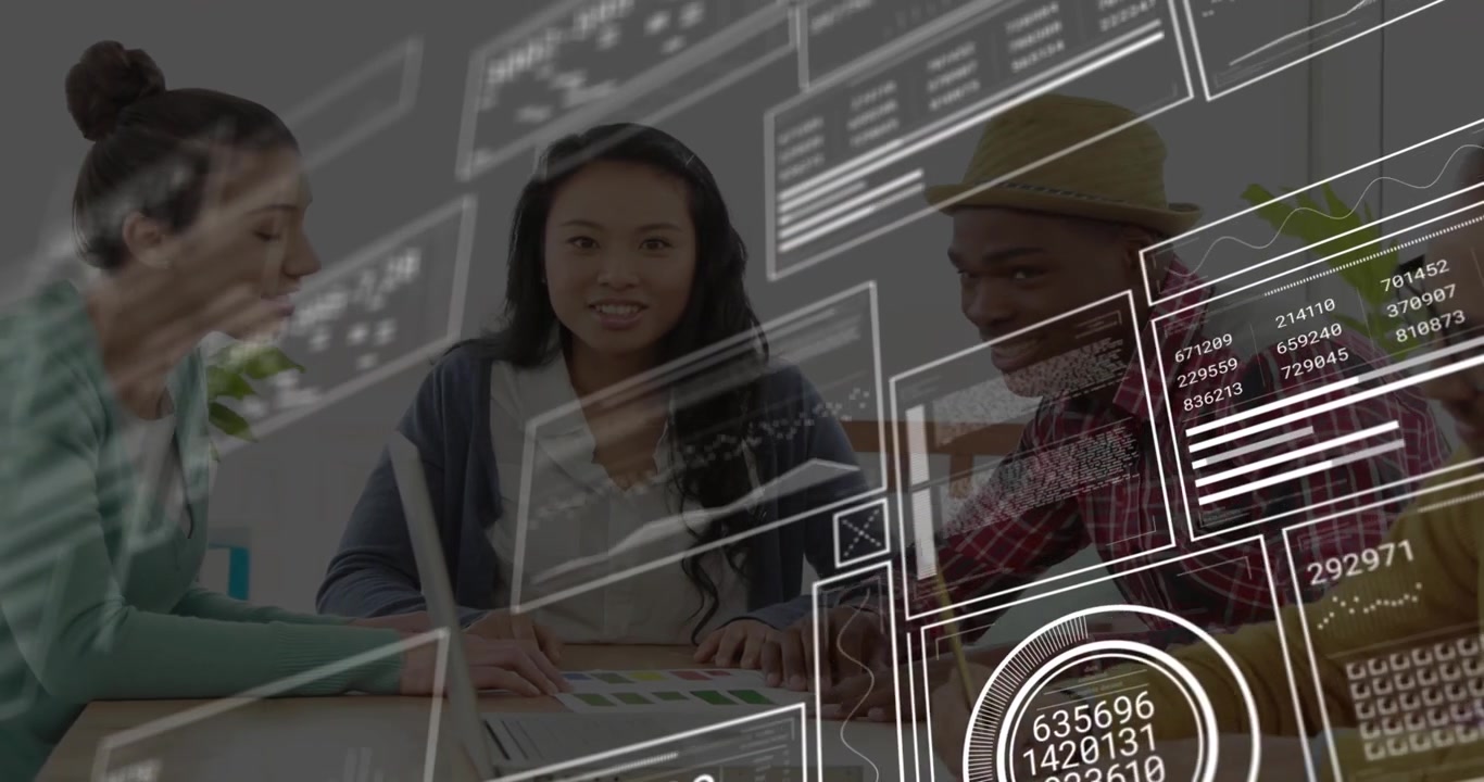 Vertical video: Woman at laptop starting HUD data over business table for planning, team pointing