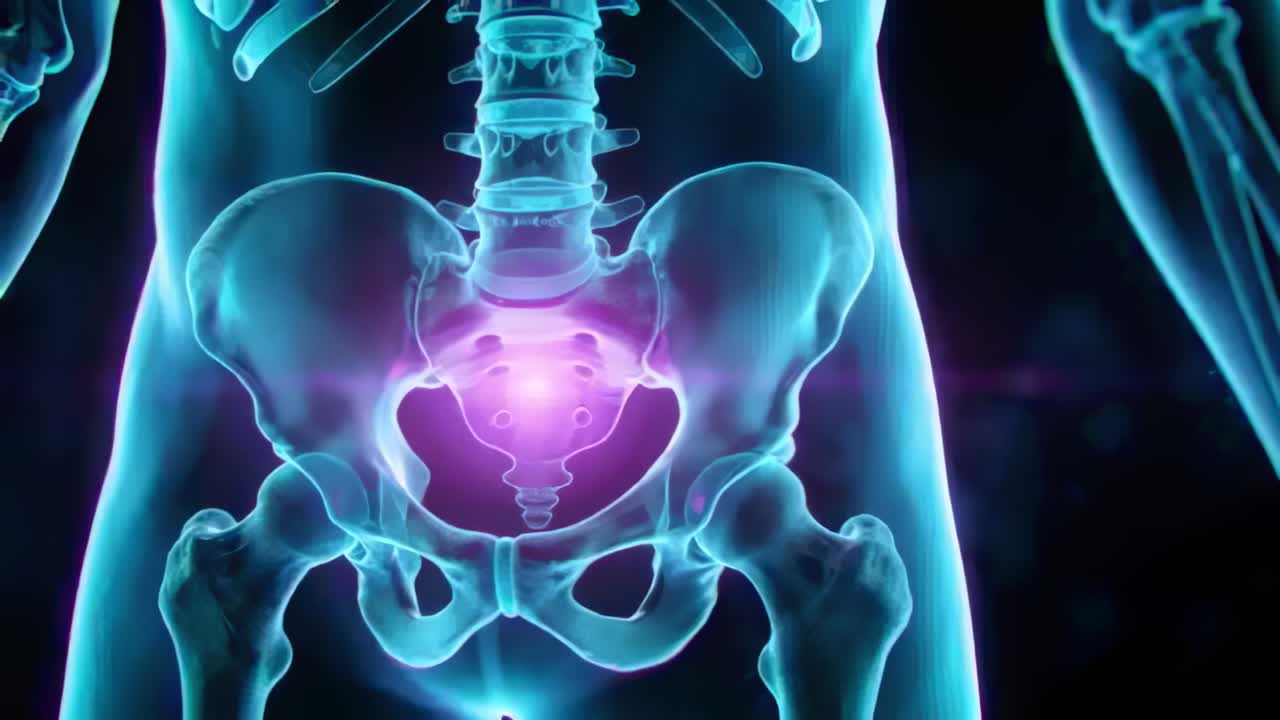 Animating pelvis pulsing purple sacral glow in CGI, zoom emphasizing sacral anatomy, cyan bones