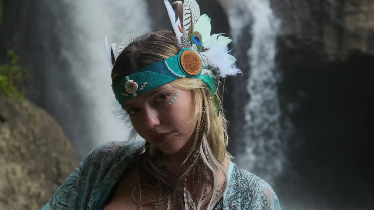 Woman with Tribal Headpiece in front of Waterfall