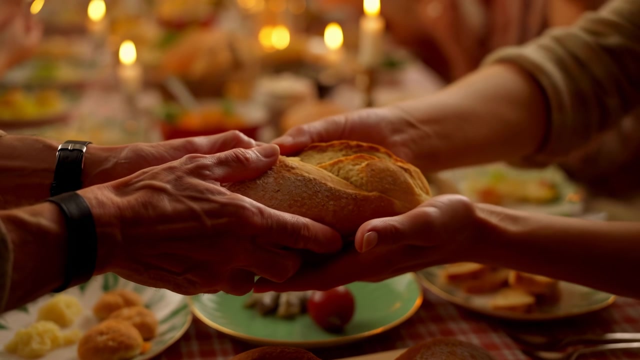 Hands Passing Loaf Across Candlelit Table, Hands Exchanging Warm Loaf Amid Platters Of Rolls, Butter, Salad