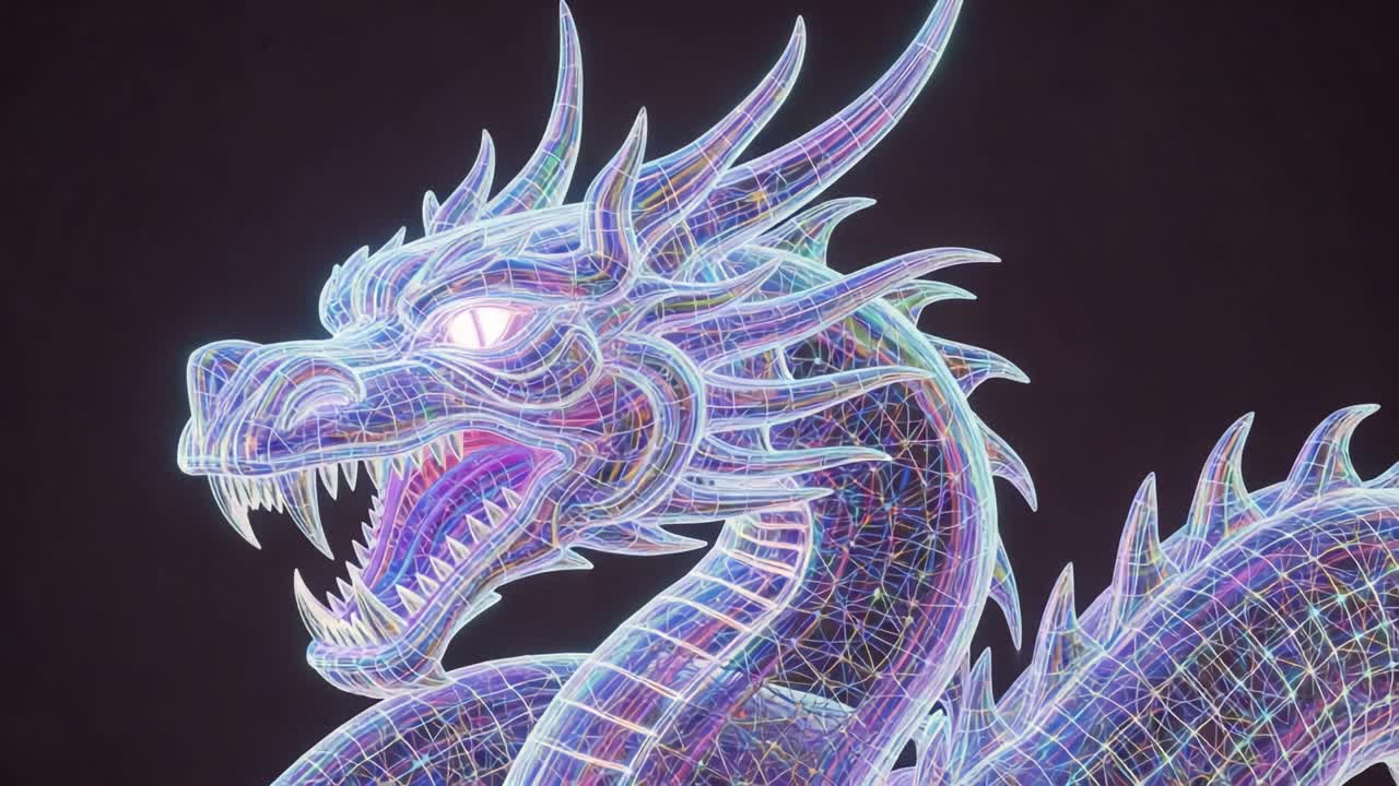 A Stunning Visualization of a Fierce Dragon Rendered in a Vibrant, Multi-Colored Wireframe Style, Showcasing Intricate Details and Dynamic Lighting Effects
