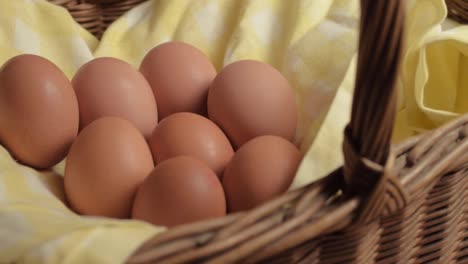 fresh brown eggs in a woven basket panning shot