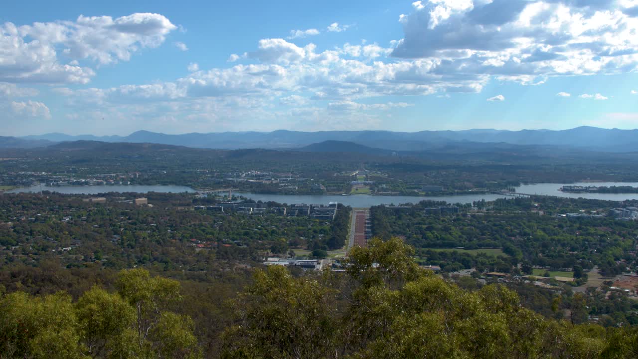 Wide angle panoramic shot of Canberra city skyline and Lake Burley Griffin under bright daylight