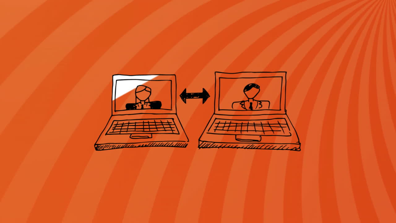 Animation of laptop iicons over stripes on orange background