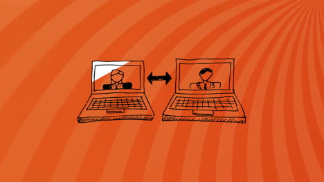 animación de los íconos de la computadora portátil sobre rayas en fondo naranja