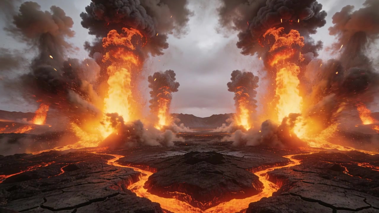 Aufsteigendes Magma lässt Lavabrunnen auf einer rissigen Basaltebene entstehen, die Asche und Glut speien.