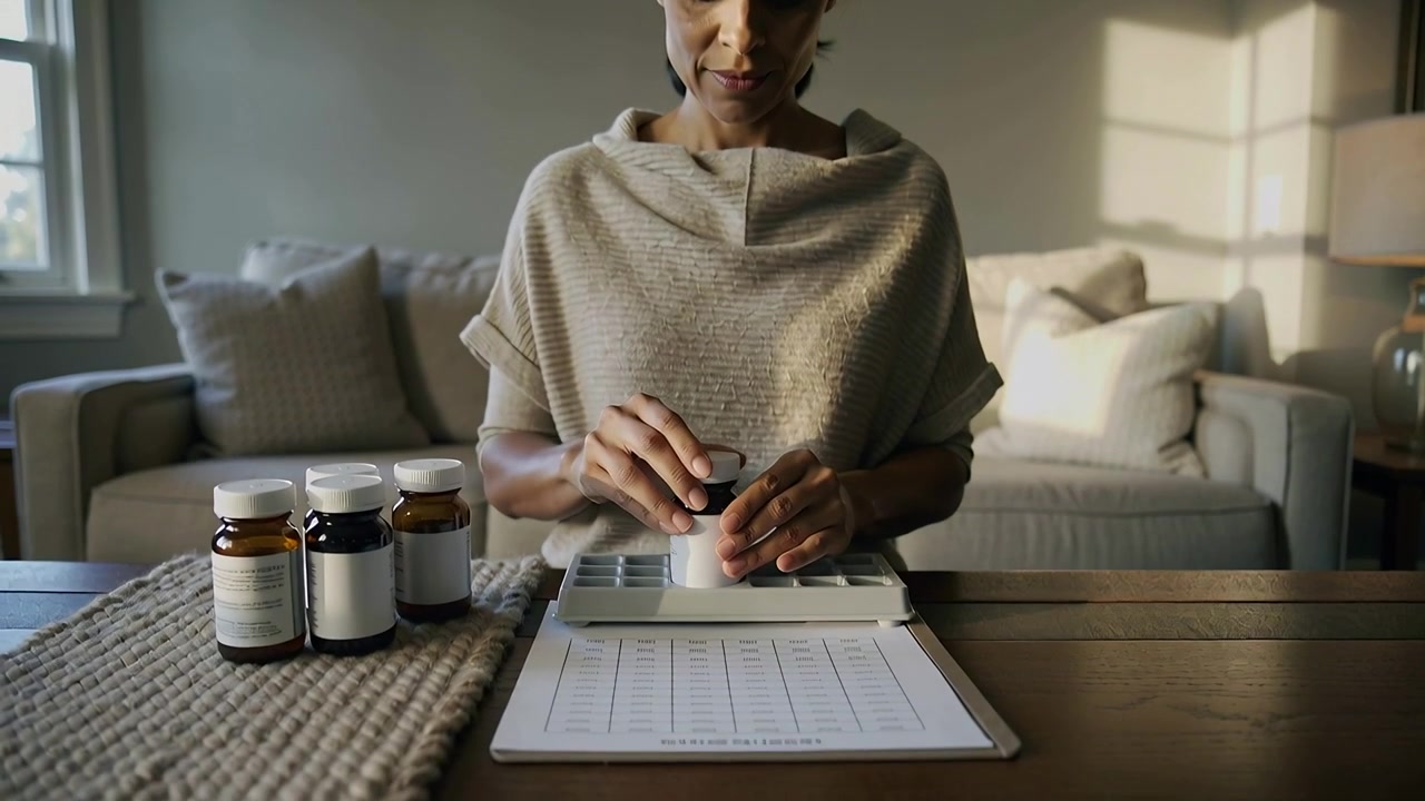 Reaching woman in poncho picking pill bottle at living room table, preparing meds with organizer