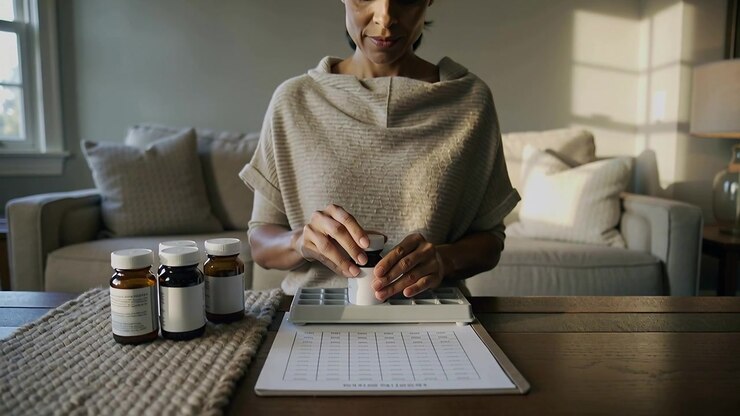Reaching woman in poncho picking pill bottle at living room table, preparing meds with organizer