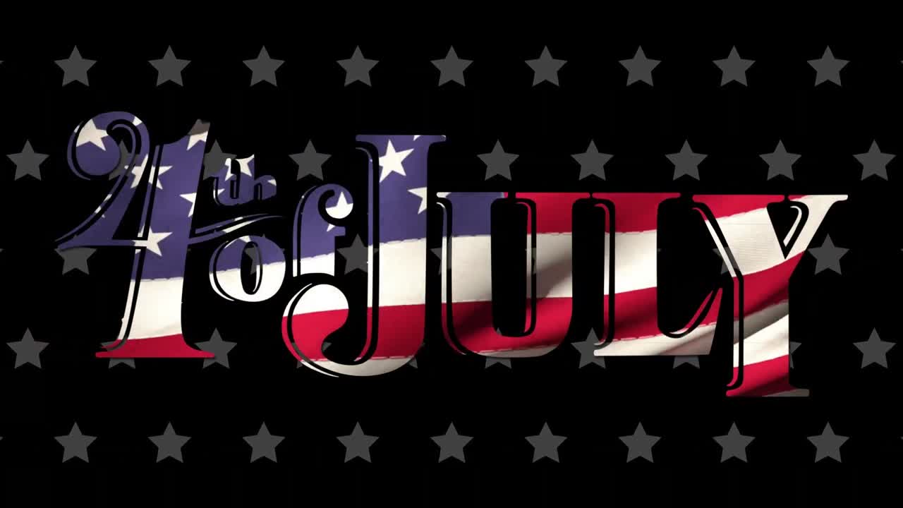 Animation of 4th of july text with flag of usa over stars on black background