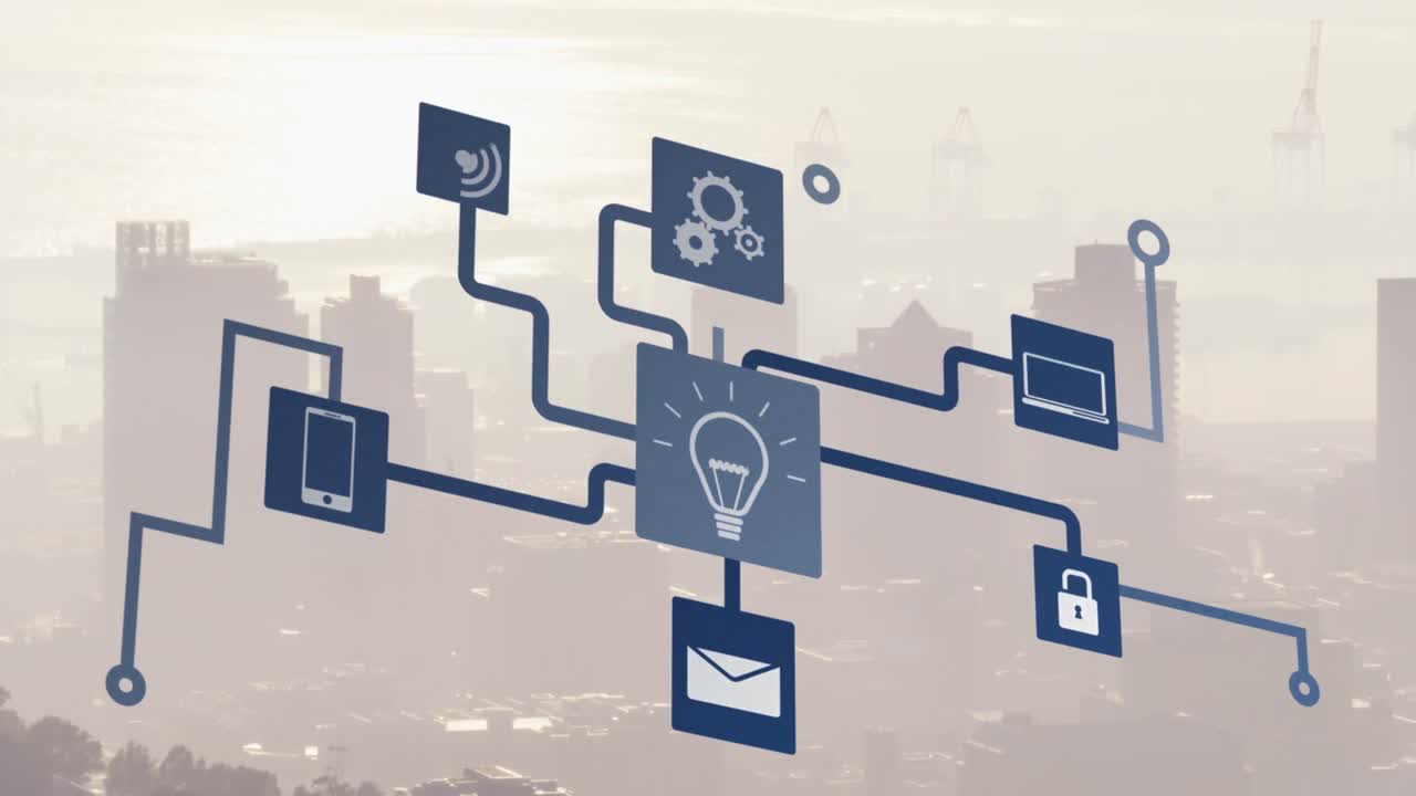 Animation of icons flow chart over fog covered modern cityscape against sky