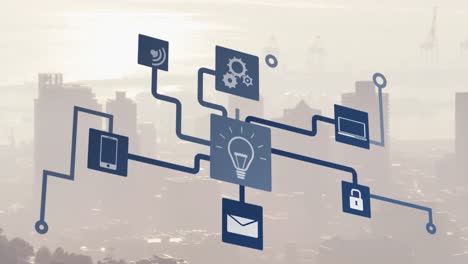 animación de iconos diagrama de flujo sobre niebla cubierta paisaje urbano moderno contra el cielo