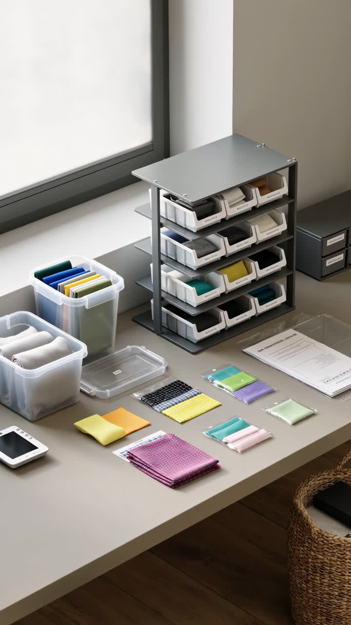 Organized Craft Supplies and Fabric Samples in a Tidy Workspace