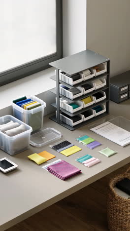 organized craft supplies and fabric samples in a tidy workspace
