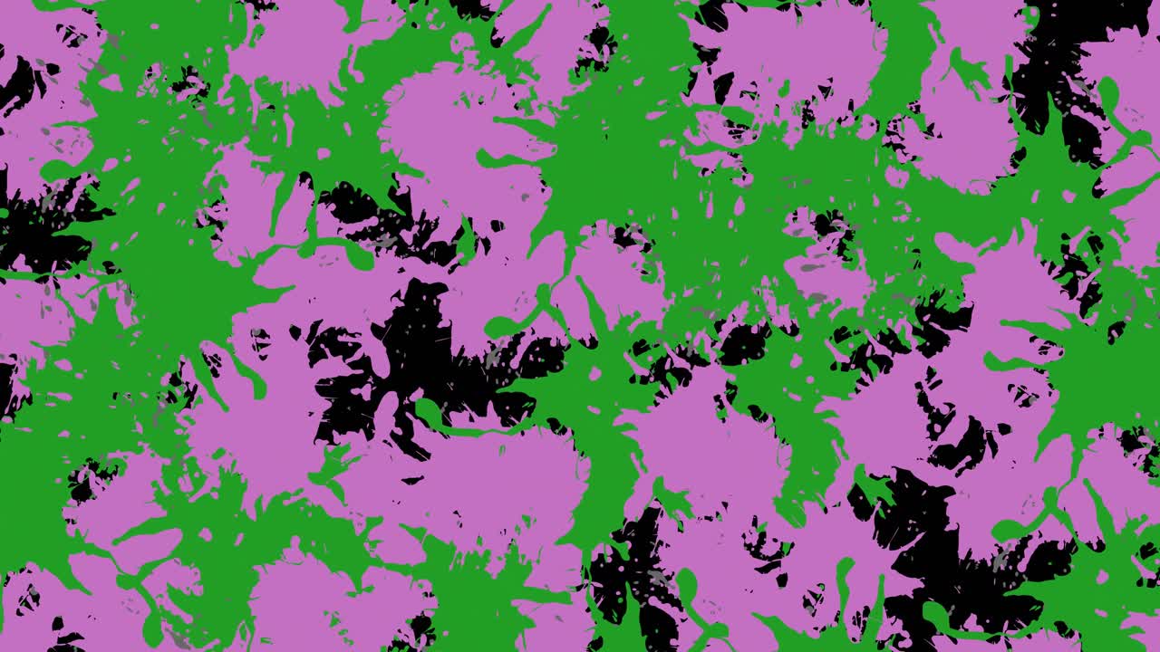 Animation of purple and green splashes of paint on black background