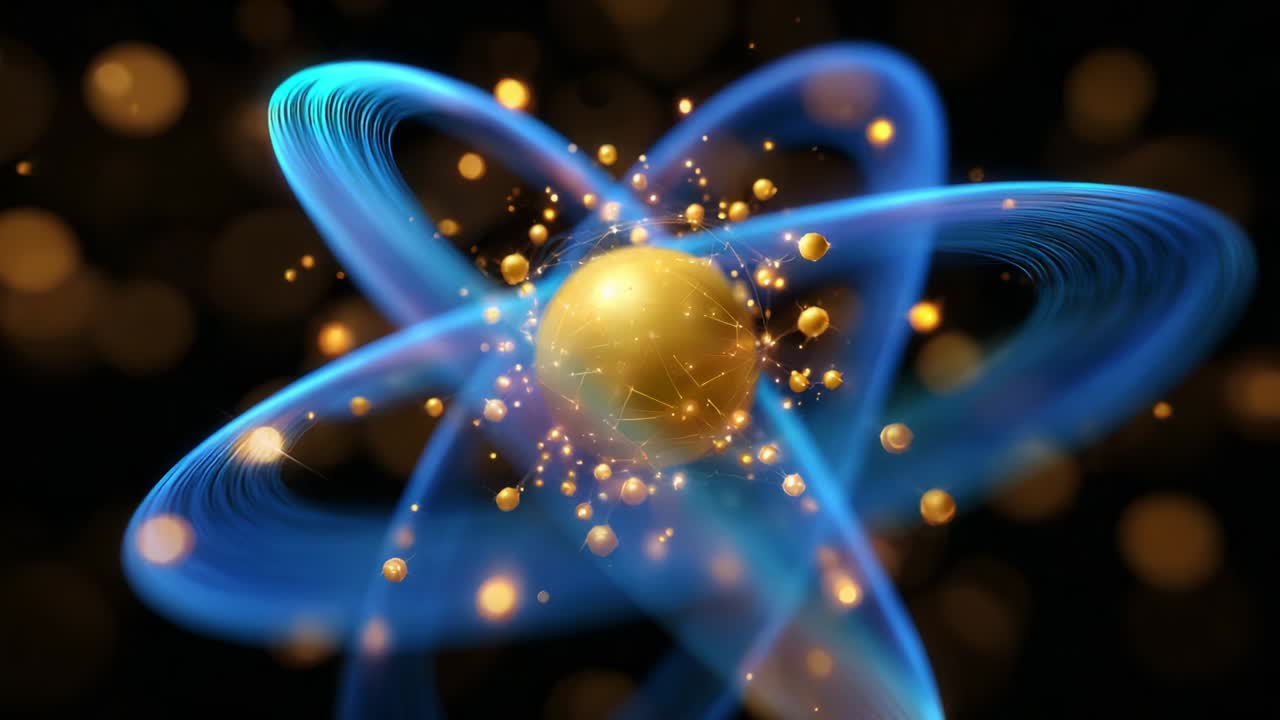 Stunning Visualization of Atomic Structure: A Vibrant Display of Electrons Orbiting a Golden Nucleus Within Colorful Energy Waves, Highlighting the Intricacies of Matter and the Nature of Atoms