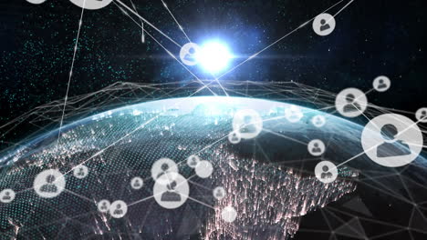 animación de iconos conectados y puntos conectados en el globo contra el destello de la lente en el espacio