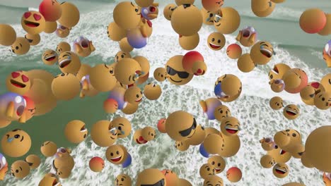 Digital-composition-of-multiple-face-emojis-floating-against-aerial-view-waves-in-the-sea