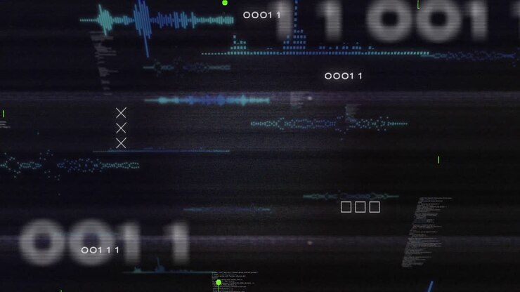 Animation of circuit board pattern and x symbol over binary codes and computer language