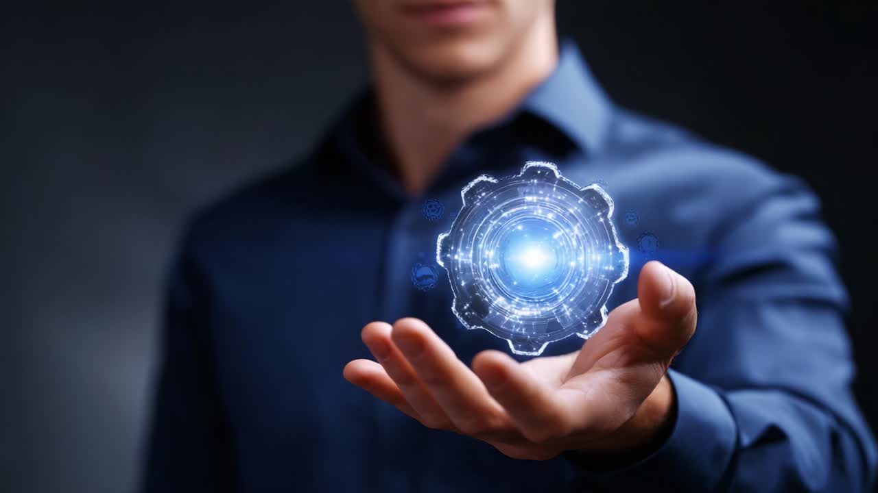 A futuristic scene showcasing a person holding a luminous, high-tech gear symbolizing innovation and technology, as they demonstrate the power of digital transformation and advanced mechanics in a sleek and modern setting