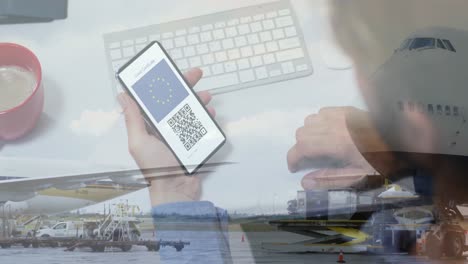Digital-composition-of-man-holding-a-smartphone-with-qr-code-on-screen-against-view-of-airport