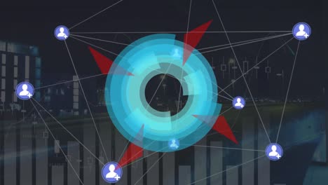 animación de la red de conexiones y estadísticas sobre fondo azul