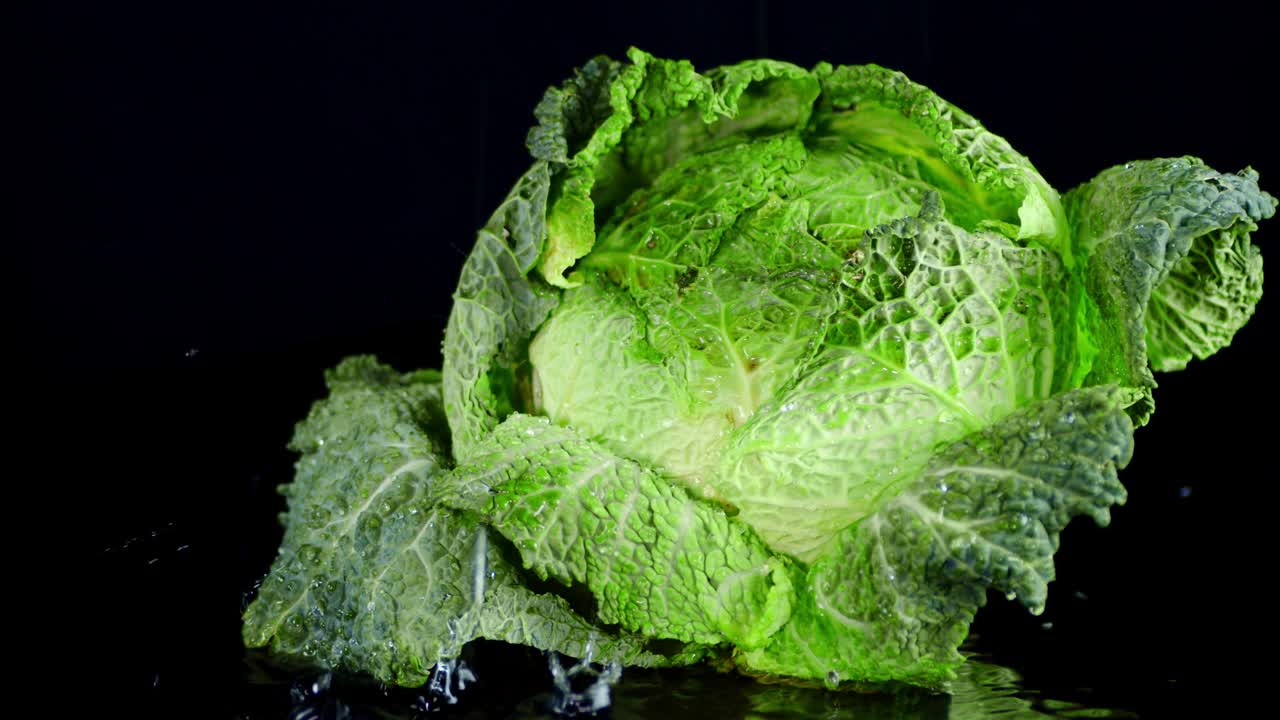 On forks fresh cabbage falling water drops.