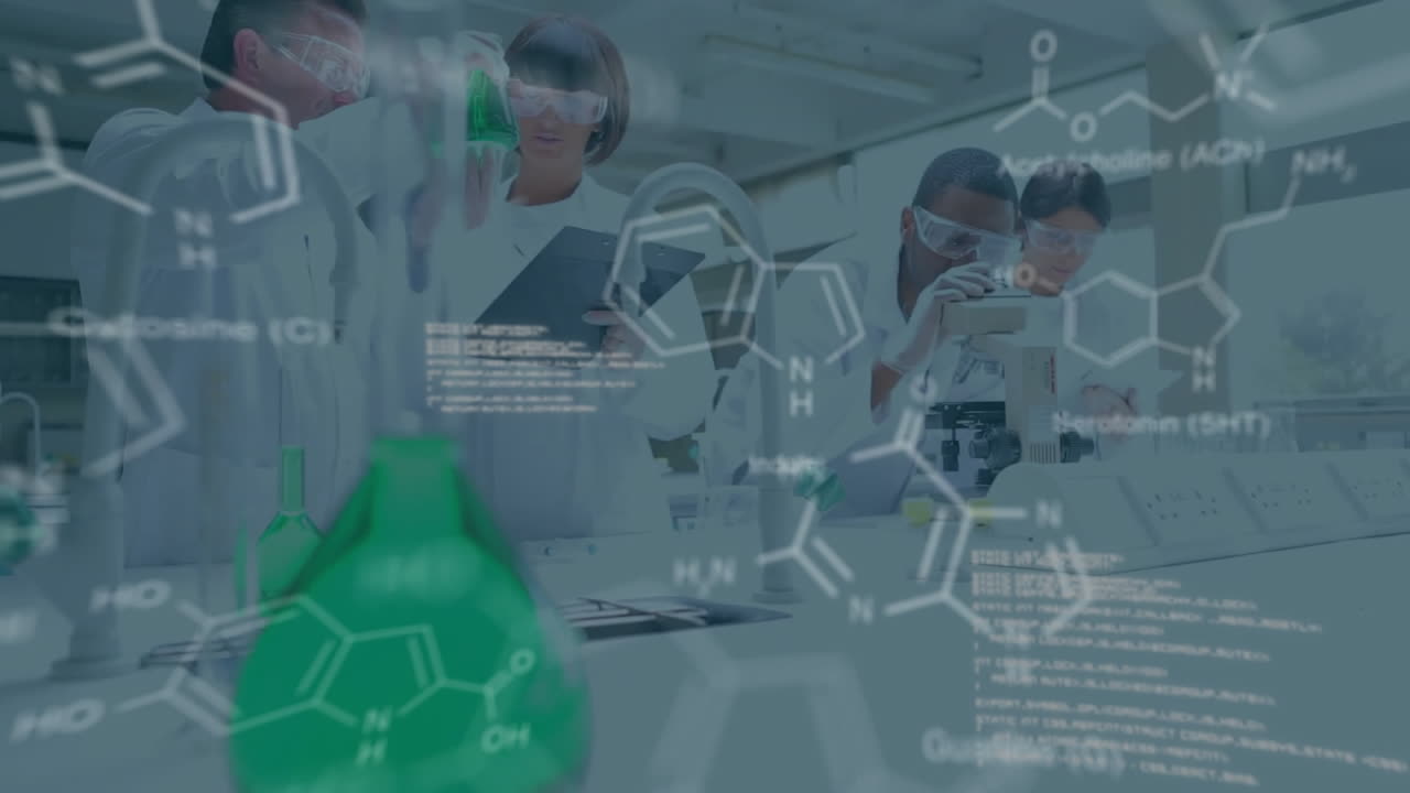 animación del procesamiento de datos científicos sobre diversos científicos en el laboratorio