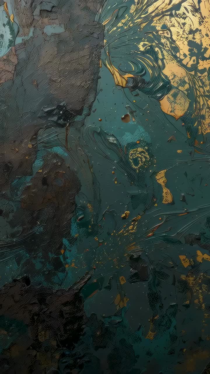 Vertical video: Studio light making vertical canvas show teal impasto and gold gleam for texture