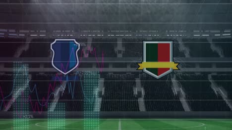 animation of team emblems and data processing on blue graphs over sports stadium