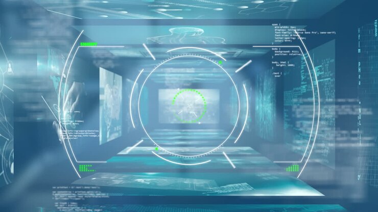 Animation of scope scanning and data processing over empty office