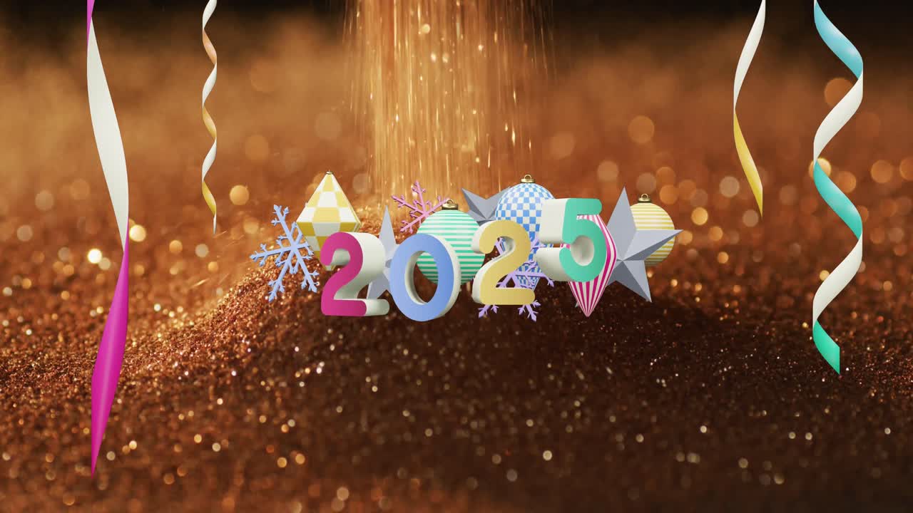 animação de texto de 2025 e decorações de natal em segundo plano