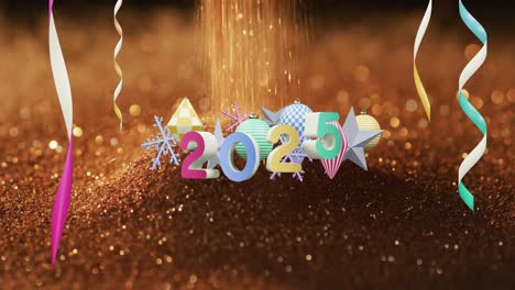 animation of 2025 text and christmas decorations in background