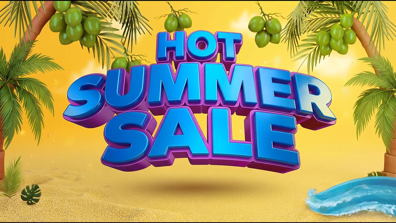 Varmt sommerudsalg sæsonbestemt kampagneanimation med lilla og blå gradient typografi på tropisk strandbaggrund