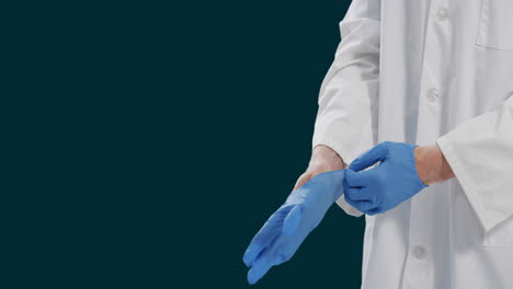 animation des mittelabschnitts eines kaukasischen männlichen arztes, der handschuhe gegen schwarzen hintergrund trägt