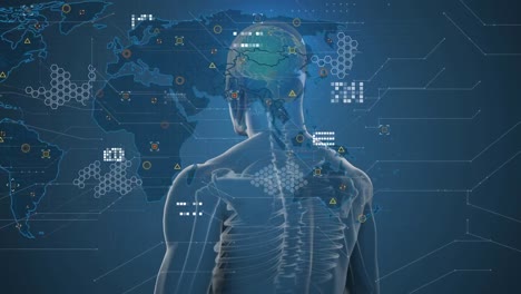 animación de un mapa del mundo sobre un modelo humano en fondo azul