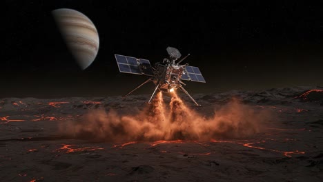 a spacecraft propels itself above the fiery terrain of an alien world, revealing a breathtaking view of a distant gas giant looming in the backdrop, as volcanic activity erupts beneath