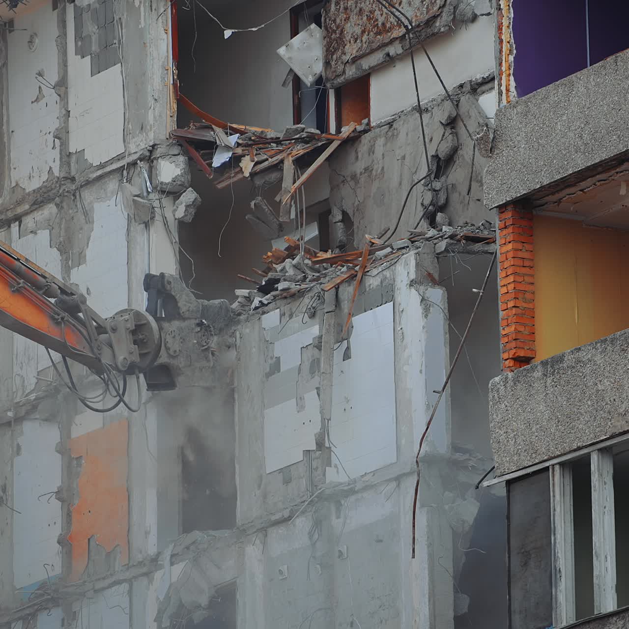 Demolition building by machine. Destruction excavator house demolishing