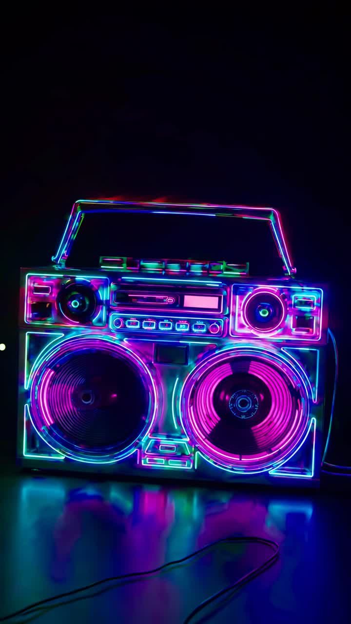Boombox al neon dai colori vivaci, ripreso dal basso, perfetto per un tema video retrò