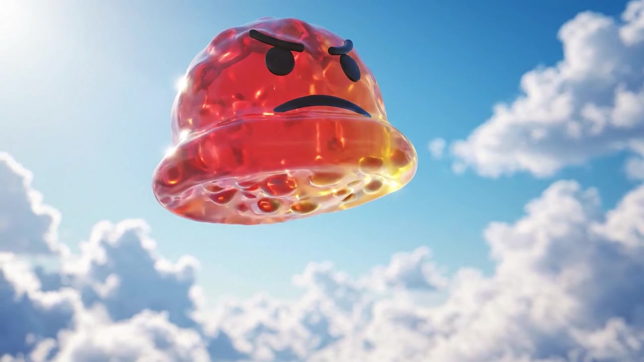 En levende og animeret udtryk for frustration afbildet som en glødende, rød-orange klump, der svæver gennem en lys blå himmel fyldt med bløde hvide skyer
