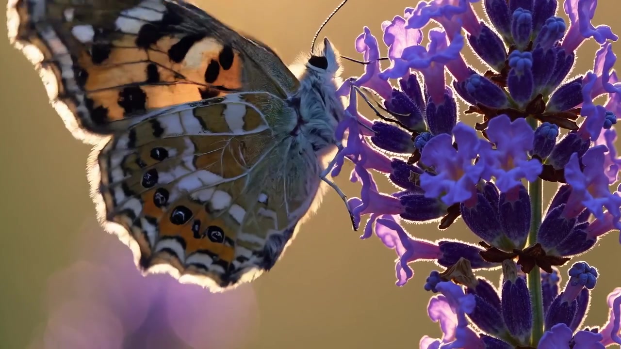 Farfalla che si nutre di fiori di lavanda viola sotto la luce dorata del sole