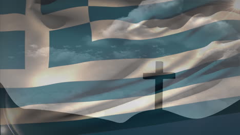 animation of waving greece flag against silhouette of a cross on mountain against clouds in the sky