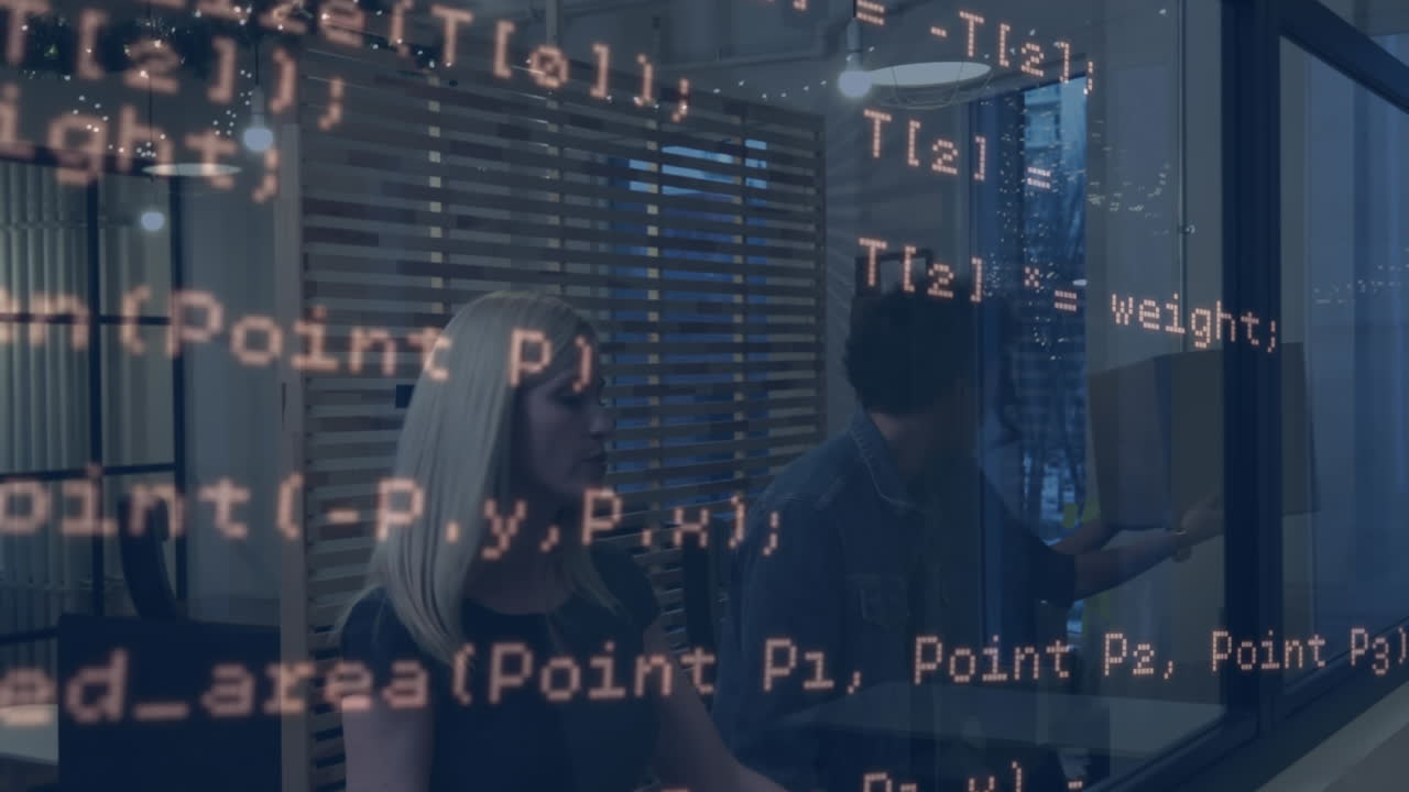 Animation of data processing over diverse business people in office