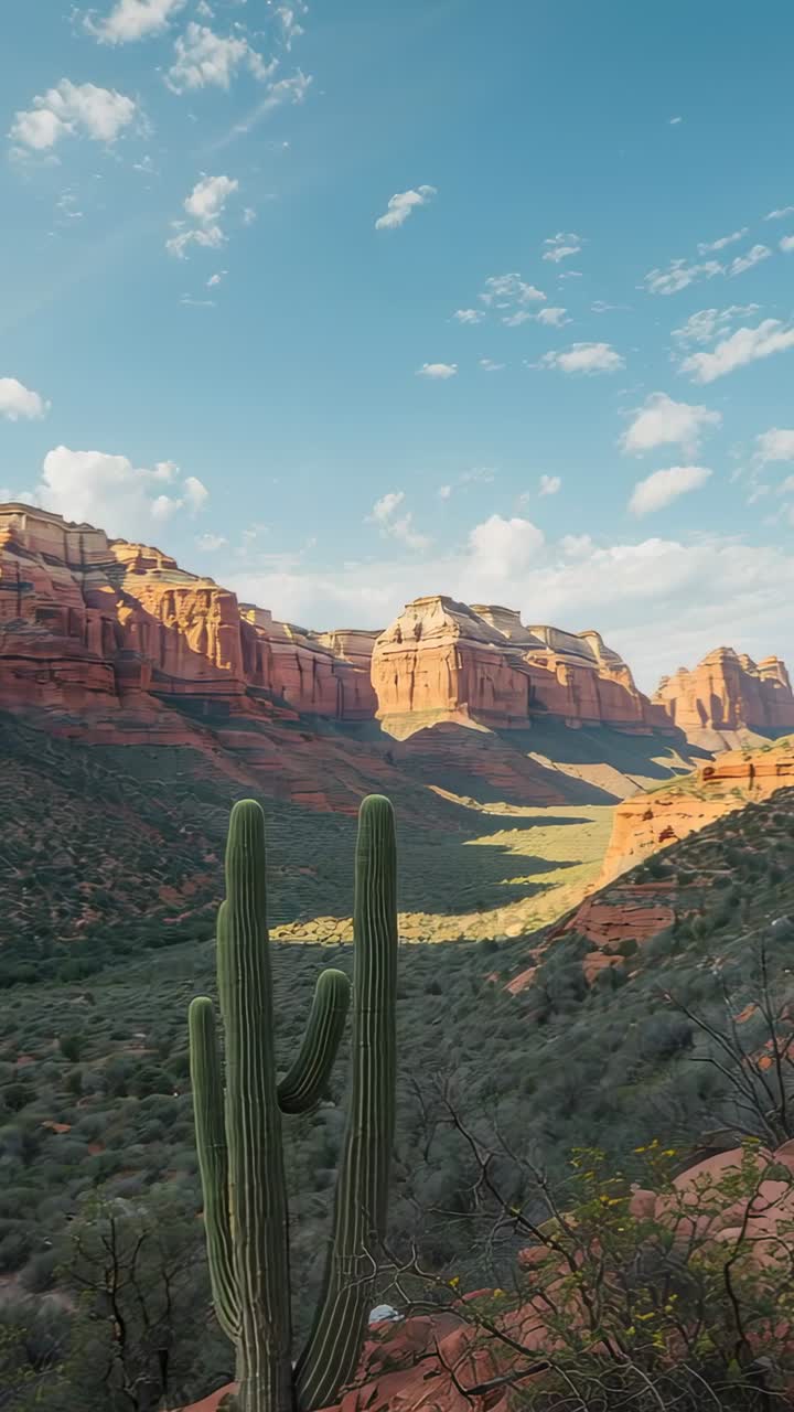 Video verticale: Inclinazione iniziale, la telecamera rivela un cactus saguaro sul bordo di un canyon, mostrando scogliere.