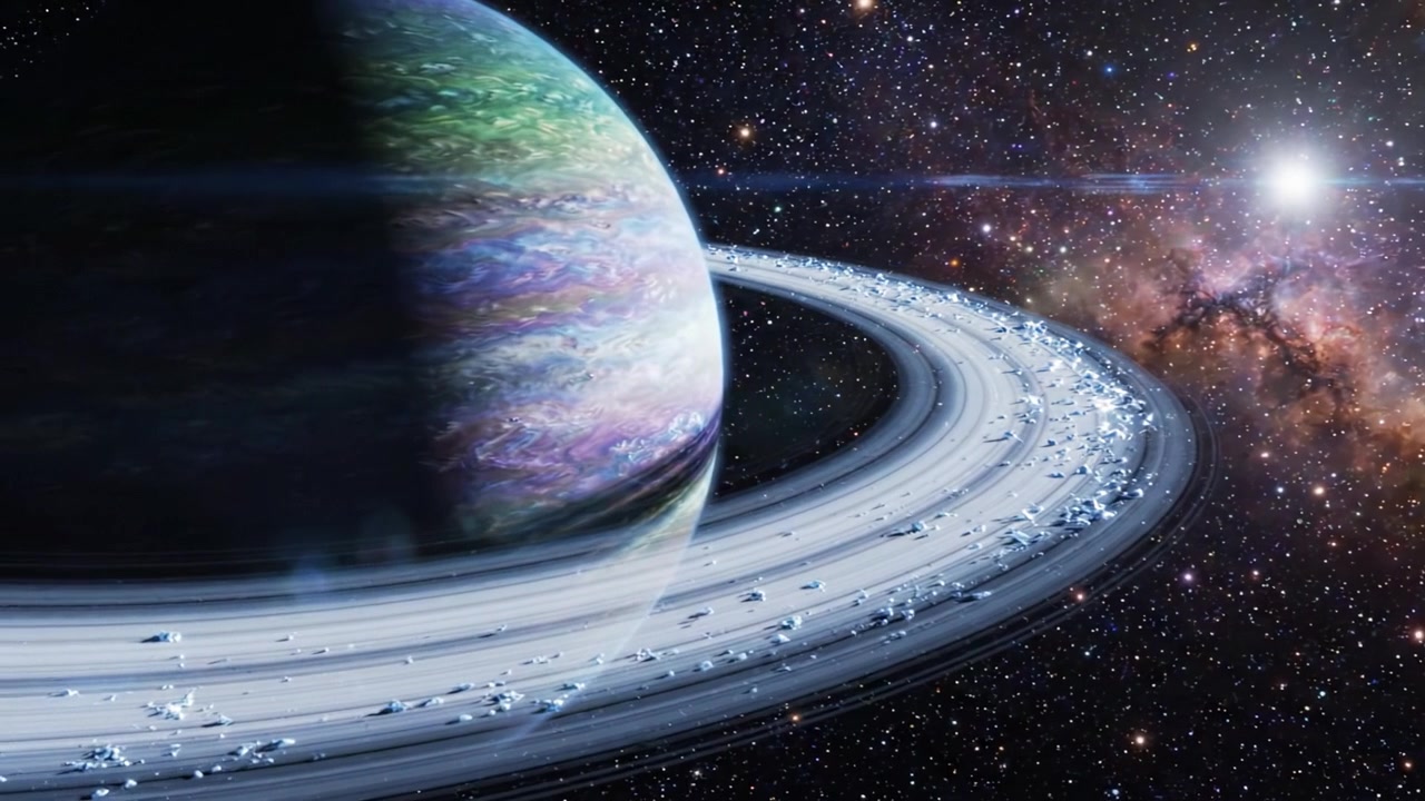 A Stunning Cosmic Scene Featuring a Colorful Planet Surrounded by Its Rings Illuminated Against a Starry Universe, Showcasing the Majesty of Space Exploration.