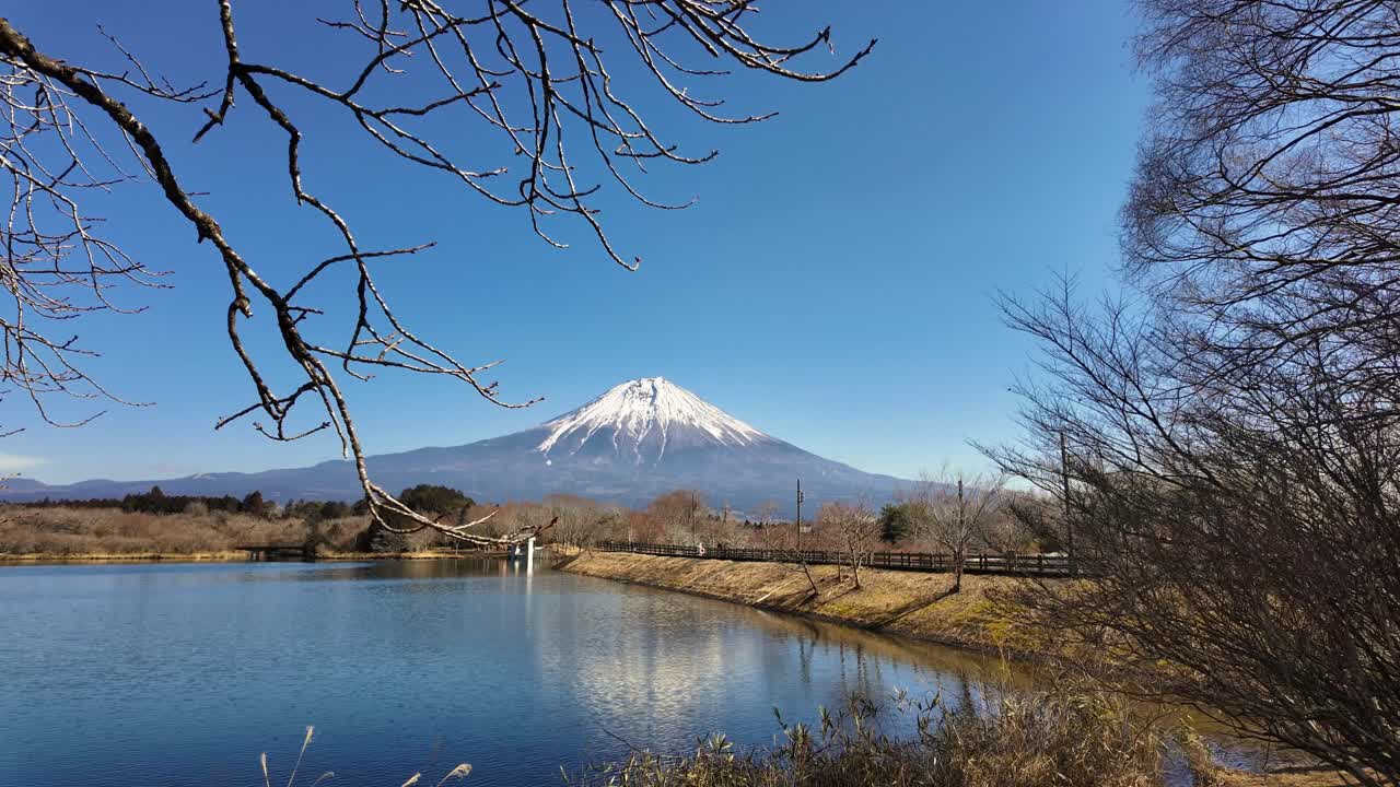 日本靜岡縣，田貫湖藍色湖水中倒映著標誌性的富士山，冬日枯枝襯托著白雪皚皚的山峰，天空清澈湛藍。