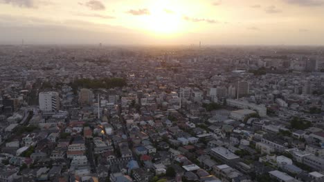 aerial shot of tokyo city during sunset, concrete jungle all over the horizon