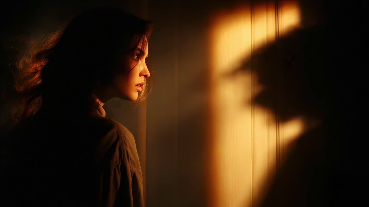 A Mysterious Encounter: A Woman's Intense Gazed Stares into the Shadows, Capturing an Atmosphere of Suspense and Intrigue in a Dimly Lit Room