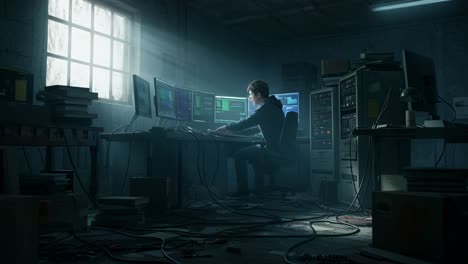 a solitary programmer works late into the night in a dimly lit room filled with clutter and glowing screens
