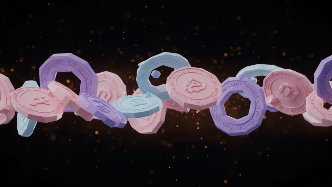 A Stunning Display of Colorful Tokens in Motion Against a Dark Background, Showcasing a Unique Blend of Shapes and Textures, Emphasizing Their Artistic Design and Vibrancy