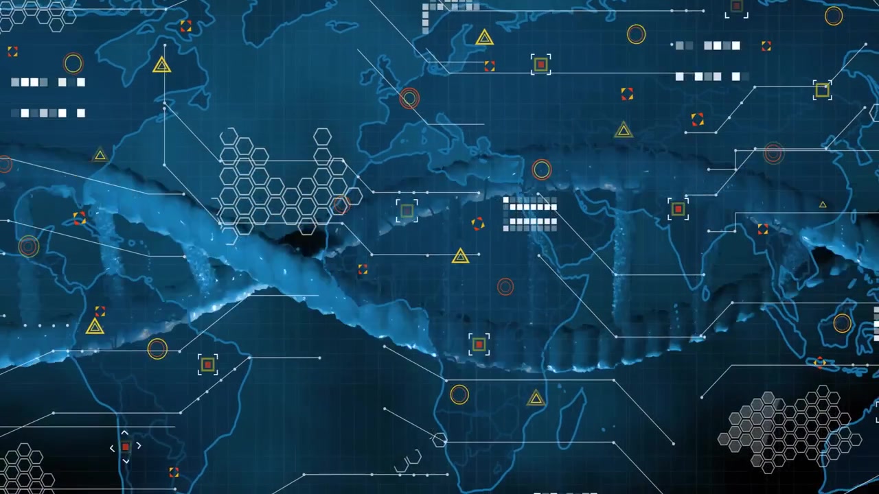 On loading interface glowing double-helix strand sweeping across map visualizing global data flow